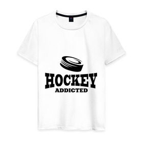 Мужская футболка хлопок с принтом Хоккей - зависимый в Курске, 100% хлопок | прямой крой, круглый вырез горловины, длина до линии бедер, слегка спущенное плечо. | addicted | hockey | зависимость | хоккей