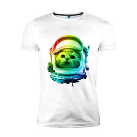 Мужская футболка премиум с принтом Кот космонавт в Курске, 92% хлопок, 8% лайкра | приталенный силуэт, круглый вырез ворота, длина до линии бедра, короткий рукав | space | астронавт | животные | звезды | космос | кот | кошка | мордочка | шлем