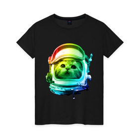 Женская футболка хлопок с принтом Кот космонавт в Курске, 100% хлопок | прямой крой, круглый вырез горловины, длина до линии бедер, слегка спущенное плечо | space | астронавт | животные | звезды | космос | кот | кошка | мордочка | шлем