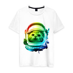 Мужская футболка хлопок с принтом Кот космонавт в Курске, 100% хлопок | прямой крой, круглый вырез горловины, длина до линии бедер, слегка спущенное плечо. | space | астронавт | животные | звезды | космос | кот | кошка | мордочка | шлем