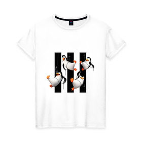 Женская футболка хлопок с принтом Пингвины Мадагаскара в Курске, 100% хлопок | прямой крой, круглый вырез горловины, длина до линии бедер, слегка спущенное плечо | мадагаскар | мультик | пингвины
