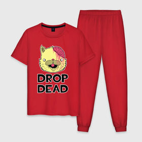 Мужская пижама хлопок с принтом Drop Dead Cat в Курске, 100% хлопок | брюки и футболка прямого кроя, без карманов, на брюках мягкая резинка на поясе и по низу штанин
 | Тематика изображения на принте: 