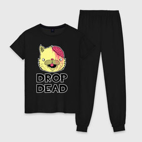 Женская пижама хлопок с принтом Drop Dead Cat в Курске, 100% хлопок | брюки и футболка прямого кроя, без карманов, на брюках мягкая резинка на поясе и по низу штанин | 