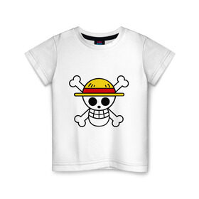 Детская футболка хлопок с принтом Флаг Луффи в Курске, 100% хлопок | круглый вырез горловины, полуприлегающий силуэт, длина до линии бедер | anime | mugivara | one piece | pirates | аниме | ванпис | луффи | манга | манки д луффи | мугивары | оба | пираты | флаг