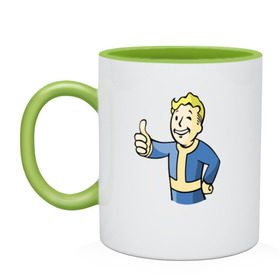 Кружка двухцветная с принтом Fallout vault boy в Курске, керамика | объем — 330 мл, диаметр — 80 мм. Цветная ручка и кайма сверху, в некоторых цветах — вся внутренняя часть | 