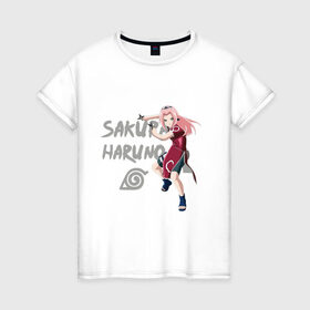 Женская футболка хлопок с принтом Сакура Харуно в Курске, 100% хлопок | прямой крой, круглый вырез горловины, длина до линии бедер, слегка спущенное плечо | sakura | дзютсу | сакура