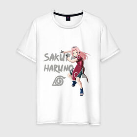 Мужская футболка хлопок с принтом Сакура Харуно в Курске, 100% хлопок | прямой крой, круглый вырез горловины, длина до линии бедер, слегка спущенное плечо. | sakura | дзютсу | сакура
