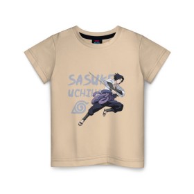 Детская футболка хлопок с принтом Саске Учиха в Курске, 100% хлопок | круглый вырез горловины, полуприлегающий силуэт, длина до линии бедер | Тематика изображения на принте: sasuke | дзютсу | катана | саске | учиха | шаринган