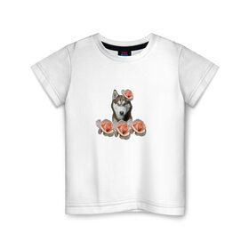 Детская футболка хлопок с принтом Собака в цветах в Курске, 100% хлопок | круглый вырез горловины, полуприлегающий силуэт, длина до линии бедер | 