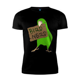 Мужская футболка премиум с принтом Bird Nerd в Курске, 92% хлопок, 8% лайкра | приталенный силуэт, круглый вырез ворота, длина до линии бедра, короткий рукав | bird nerd | myparrots | зеленый | клюв | нерд | попугай | птицы | птичник