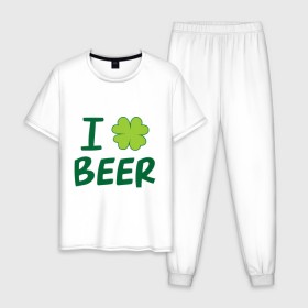 Мужская пижама хлопок с принтом Love beer в Курске, 100% хлопок | брюки и футболка прямого кроя, без карманов, на брюках мягкая резинка на поясе и по низу штанин
 | Тематика изображения на принте: beer | love | ирландия | клевер | патрик | праздник | святой