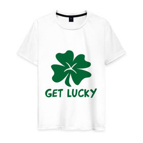 Мужская футболка хлопок с принтом Get lucky в Курске, 100% хлопок | прямой крой, круглый вырез горловины, длина до линии бедер, слегка спущенное плечо. | Тематика изображения на принте: get lucky | ирландия | клевер | патрик | святой