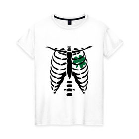 Женская футболка хлопок с принтом Скелет и клевер в Курске, 100% хлопок | прямой крой, круглый вырез горловины, длина до линии бедер, слегка спущенное плечо | скелет