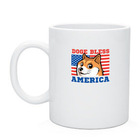 Кружка с принтом Doge bless America в Курске, керамика | объем — 330 мл, диаметр — 80 мм. Принт наносится на бока кружки, можно сделать два разных изображения | dog | mem | америка | лайка | собака | сша