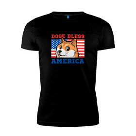 Мужская футболка премиум с принтом Doge bless America в Курске, 92% хлопок, 8% лайкра | приталенный силуэт, круглый вырез ворота, длина до линии бедра, короткий рукав | dog | mem | америка | лайка | собака | сша