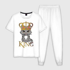 Мужская пижама хлопок с принтом король кот в Курске, 100% хлопок | брюки и футболка прямого кроя, без карманов, на брюках мягкая резинка на поясе и по низу штанин
 | cat | king | король | корона | кот