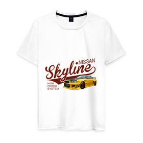 Мужская футболка хлопок с принтом Nissan Skyline в Курске, 100% хлопок | прямой крой, круглый вырез горловины, длина до линии бедер, слегка спущенное плечо. | nissan skyline | авто | автомобилистам | водителям | машина | ниссан | ретро | тачка