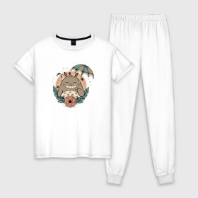 Женская пижама хлопок с принтом Smile Totoro в Курске, 100% хлопок | брюки и футболка прямого кроя, без карманов, на брюках мягкая резинка на поясе и по низу штанин | anime | тоторо | улыбка | япония