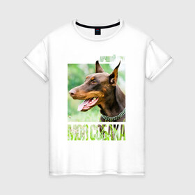 Женская футболка хлопок с принтом Доберман в Курске, 100% хлопок | прямой крой, круглый вырез горловины, длина до линии бедер, слегка спущенное плечо | drug | доберман | порода | собака