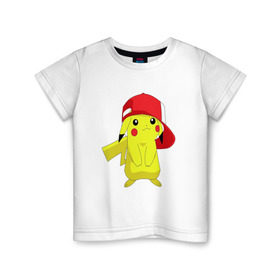Детская футболка хлопок с принтом Пикачу в Курске, 100% хлопок | круглый вырез горловины, полуприлегающий силуэт, длина до линии бедер | пикачу | пикачу с кепкойpokemon