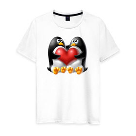 Мужская футболка хлопок с принтом Влюбленные пингвины в Курске, 100% хлопок | прямой крой, круглый вырез горловины, длина до линии бедер, слегка спущенное плечо. | . любовь | влюбленные пингвины с сердцемвлюбленные | пингвины | сердце