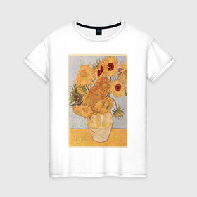 Женская футболка хлопок с принтом ArtJersey в Курске, 100% хлопок | прямой крой, круглый вырез горловины, длина до линии бедер, слегка спущенное плечо | Тематика изображения на принте: винсент ван гог «подсолнухи»@