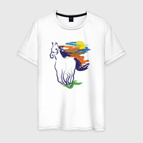 Мужская футболка хлопок с принтом Синий конь в Курске, 100% хлопок | прямой крой, круглый вырез горловины, длина до линии бедер, слегка спущенное плечо. | horse | кон | лошадь