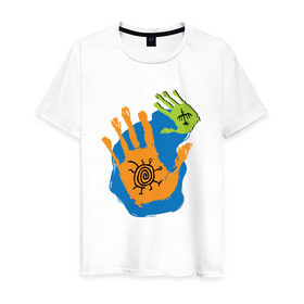 Мужская футболка хлопок с принтом Ладони. Этно 2 в Курске, 100% хлопок | прямой крой, круглый вырез горловины, длина до линии бедер, слегка спущенное плечо. | ethno | hands | ладони | руки | символы