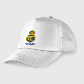 Детская кепка тракер с принтом Реал Мадрид в Курске, Козырек - 100% хлопок. Кепка - 100% полиэстер, Задняя часть - сетка | универсальный размер, пластиковая застёжка | Тематика изображения на принте: real madrid | клубы | реал мадрид | футбол