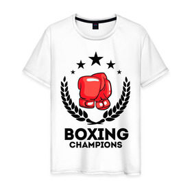 Мужская футболка хлопок с принтом Boxing champions в Курске, 100% хлопок | прямой крой, круглый вырез горловины, длина до линии бедер, слегка спущенное плечо. | boxing | champions | бокс | венок | перчатки | спорт