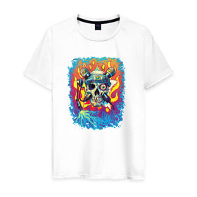 Мужская футболка хлопок с принтом Music Skull в Курске, 100% хлопок | прямой крой, круглый вырез горловины, длина до линии бедер, слегка спущенное плечо. | Тематика изображения на принте: череп
