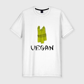 Мужская футболка премиум с принтом Веган в Курске, 92% хлопок, 8% лайкра | приталенный силуэт, круглый вырез ворота, длина до линии бедра, короткий рукав | @ | веган | вегетарианство | как символ сыроеденияпитание | на макете изображена стилизованная спаржа | спаржа | спорт