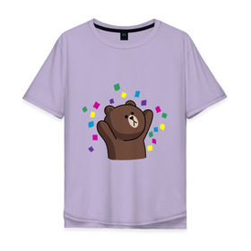 Мужская футболка хлопок Oversize с принтом Стикер Line мишка в Курске, 100% хлопок | свободный крой, круглый ворот, “спинка” длиннее передней части | Тематика изображения на принте: медведь | радость | стикер line
