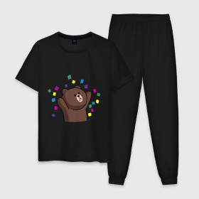 Мужская пижама хлопок с принтом Стикер Line мишка в Курске, 100% хлопок | брюки и футболка прямого кроя, без карманов, на брюках мягкая резинка на поясе и по низу штанин
 | Тематика изображения на принте: медведь | радость | стикер line