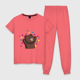 Женская пижама хлопок с принтом Стикер Line мишка в Курске, 100% хлопок | брюки и футболка прямого кроя, без карманов, на брюках мягкая резинка на поясе и по низу штанин | медведь | радость | стикер line