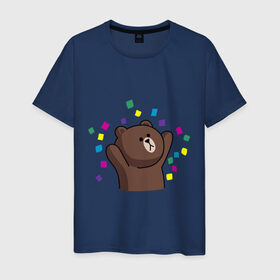 Мужская футболка хлопок с принтом Стикер Line мишка в Курске, 100% хлопок | прямой крой, круглый вырез горловины, длина до линии бедер, слегка спущенное плечо. | Тематика изображения на принте: медведь | радость | стикер line