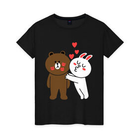 Женская футболка хлопок с принтом Стикер Line в Курске, 100% хлопок | прямой крой, круглый вырез горловины, длина до линии бедер, слегка спущенное плечо | заяц | медведь | поцелуй | сердечки | стикер line