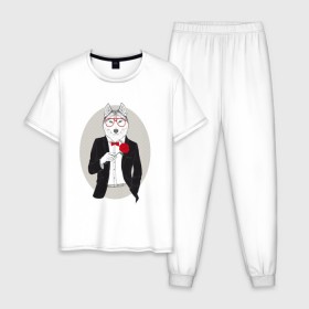 Мужская пижама хлопок с принтом Волк в смокинге в Курске, 100% хлопок | брюки и футболка прямого кроя, без карманов, на брюках мягкая резинка на поясе и по низу штанин
 | Тематика изображения на принте: джентльмен | костюм | хипстер