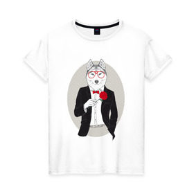 Женская футболка хлопок с принтом Волк в смокинге в Курске, 100% хлопок | прямой крой, круглый вырез горловины, длина до линии бедер, слегка спущенное плечо | джентльмен | костюм | хипстер