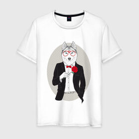 Мужская футболка хлопок с принтом Волк в смокинге в Курске, 100% хлопок | прямой крой, круглый вырез горловины, длина до линии бедер, слегка спущенное плечо. | джентльмен | костюм | хипстер