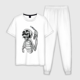 Мужская пижама хлопок с принтом Скелет с бритвой в Курске, 100% хлопок | брюки и футболка прямого кроя, без карманов, на брюках мягкая резинка на поясе и по низу штанин
 | скелет