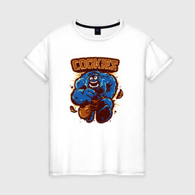 Женская футболка хлопок с принтом Печеньки в Курске, 100% хлопок | прямой крой, круглый вырез горловины, длина до линии бедер, слегка спущенное плечо | cookie | коржик | монстр | печенье | улица сезам