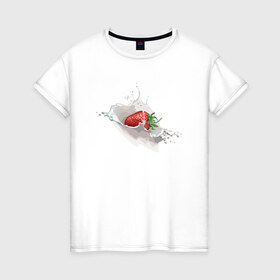 Женская футболка хлопок с принтом Клубника со сливками в Курске, 100% хлопок | прямой крой, круглый вырез горловины, длина до линии бедер, слегка спущенное плечо | 