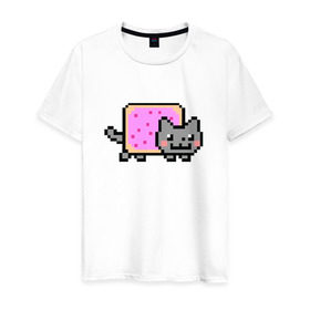 Мужская футболка хлопок с принтом NYAN CAT в Курске, 100% хлопок | прямой крой, круглый вырез горловины, длина до линии бедер, слегка спущенное плечо. | Тематика изображения на принте: nya nya nyanyan cat | swag | игра