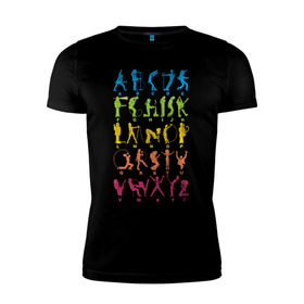 Мужская футболка премиум с принтом Рок алфавит (без расшифровки) в Курске, 92% хлопок, 8% лайкра | приталенный силуэт, круглый вырез ворота, длина до линии бедра, короткий рукав | kiss | nirvana | ozzy | rock | алфавит | группы | рок
