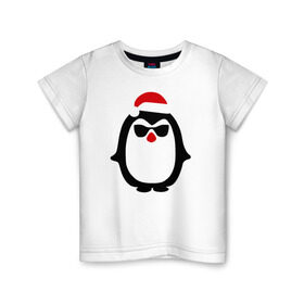 Детская футболка хлопок с принтом Крутой пингвин дед мороз в Курске, 100% хлопок | круглый вырез горловины, полуприлегающий силуэт, длина до линии бедер | крутой пингвин дед морозкрутой пингвин дед мороз новый год