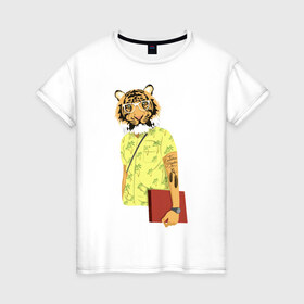 Женская футболка хлопок с принтом Тигр хипстер в Курске, 100% хлопок | прямой крой, круглый вырез горловины, длина до линии бедер, слегка спущенное плечо | 