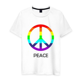 Мужская футболка хлопок с принтом Мир (Peace). Пацифик в Курске, 100% хлопок | прямой крой, круглый вырез горловины, длина до линии бедер, слегка спущенное плечо. | (peace) | венок | знак | на картинке изображен знак пацифик и надпись peace   мирмир | пацифик | пис