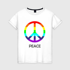 Женская футболка хлопок с принтом Мир (Peace). Пацифик в Курске, 100% хлопок | прямой крой, круглый вырез горловины, длина до линии бедер, слегка спущенное плечо | (peace) | венок | знак | на картинке изображен знак пацифик и надпись peace   мирмир | пацифик | пис