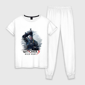 Женская пижама хлопок с принтом The Witcher 3 в Курске, 100% хлопок | брюки и футболка прямого кроя, без карманов, на брюках мягкая резинка на поясе и по низу штанин | ведьмак